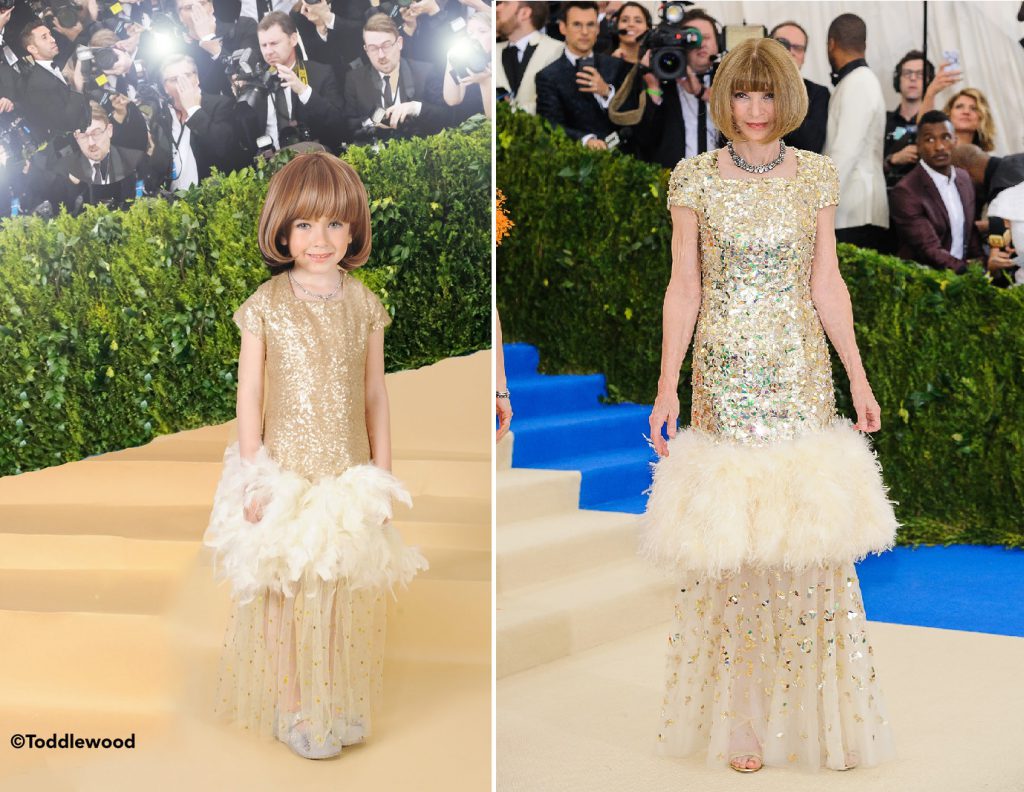 Tricia Messeroux, creator of Toddlewood recreates the looks of the 2017 Met Gala. Here is Anna Wintour's look.